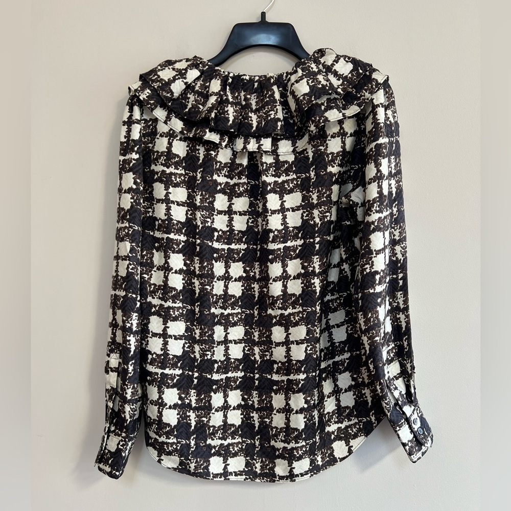 J. Crew Collection Silk Twill Ruffle-Collar Top in Brown Black Ivory Plaid, S - Picture 3 of 11